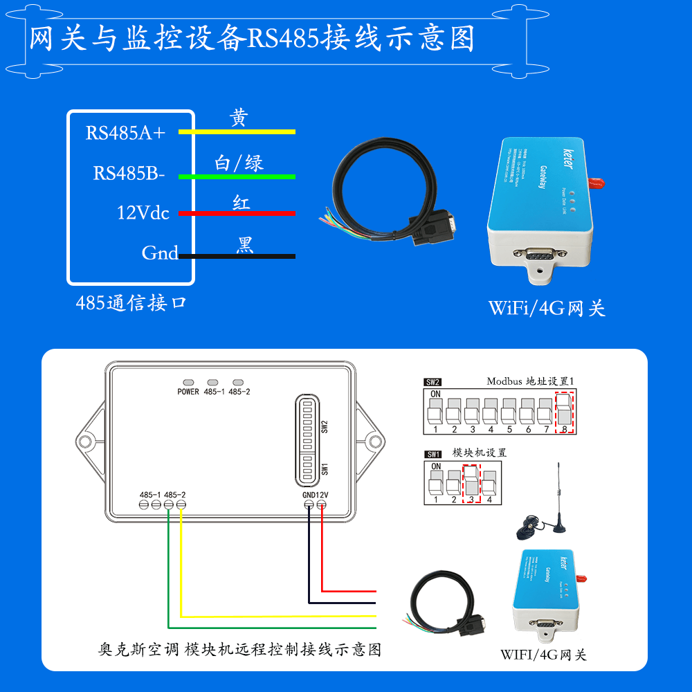 奥克斯单元机风盘空调网关安装与接线说明图