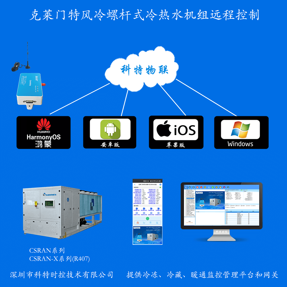 克莱门特风冷螺杆式冷热水机组手机APP+电脑集中远程控制