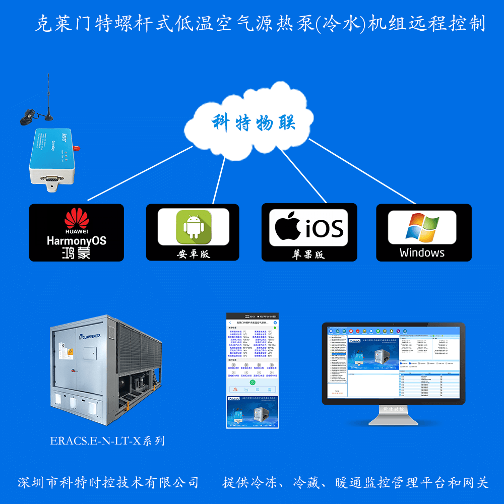 克莱门特螺杆式低温空气源热泵(冷水)机组手机APP+电脑集中远程控制