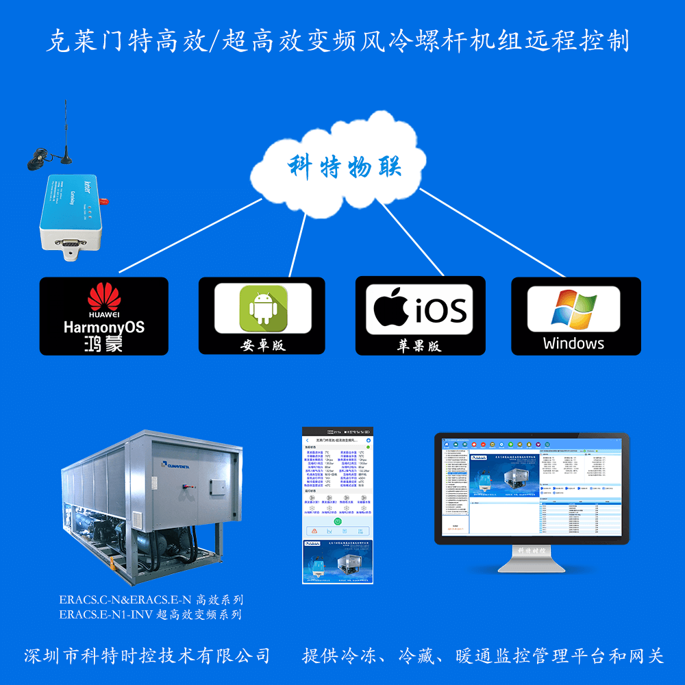 克莱门特高效/高效变频满液式水冷螺杆冷水机组手机APP+电脑集中远程控制