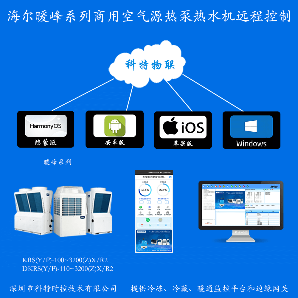 海尔暖峰系列商用空气能热泵热水机组手机APP控制+本地部署电脑群控