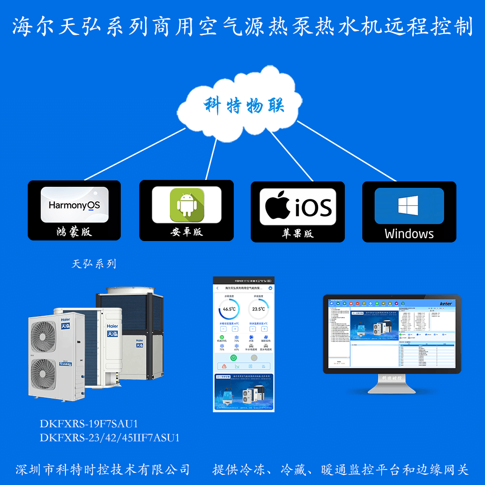 海尔天弘系列商用空气能热泵热水机组手机APP控制+本地部署电脑群控
