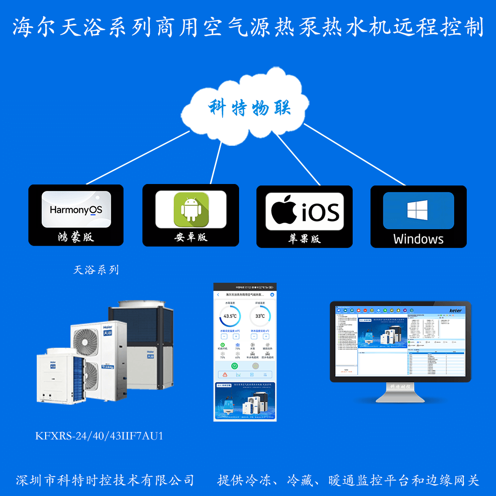 海尔天浴系列商用空气能热泵热水机组手机APP控制+本地部署电脑群控